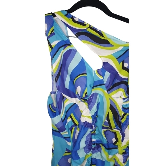 PLT Woven One Shoulder‎ Ruched Bodycon Dress Blue abstract Women's Size 8 Rave - Picture 8 of 14